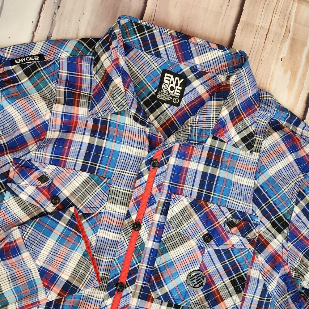 Enyce Mens Large Long Sleeve Madras Geometric Blue Red Black Button Up Shirt